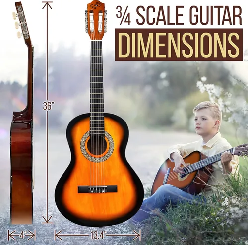 Vista 5 de Pyle Guitarra clásica de 6 cuerdas de 36 pulgadas con sintonizador digital y kit de accesorios, (Sunburst), derecha (PGACLS82SUN.X9)