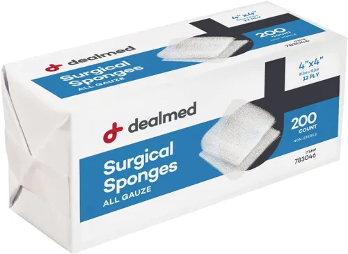 Dealmed Esponjas quirúrgicas de 4 x 4 pulgadas, 12 capas, almohadillas de gasa tejidas absorbentes, no estériles para el cuidado de heridas para kit