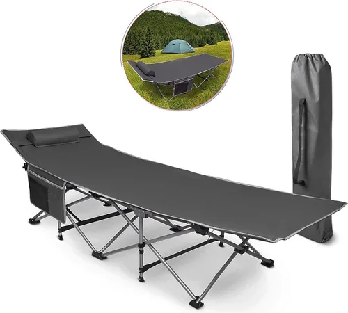 Vista 9 de VaygWay Catre plegable de viaje para acampar al aire libre, gris, ligera, cómoda, portátil, resistente, plegable, cama para dormir con bolsillo