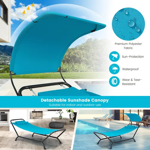 Vista 3 de Tangkula Hamaca con soporte incluido, hamaca resistente para exteriores con toldo ajustable, soporte de metal a prueba de óxido, almohada, bolsillo