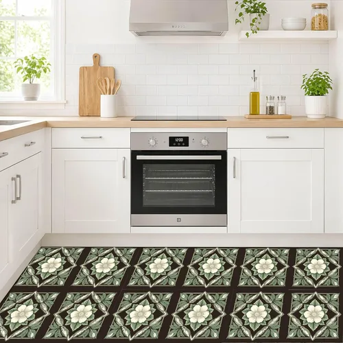 Vista 5 de IVN 10 azulejos de suelo de 12 x 12 pulgadas con patrón de crema botánica oscura para despegar y pegar, calcomanías de vinilo autoadhesivas
