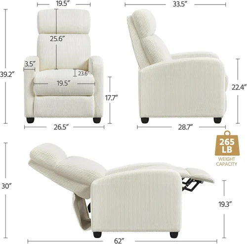 Vista 3 de Yaheetech Silla reclinable de pana para sofá individual, asiento de cine en casa, silla reclinable moderna ajustable para sala de estar, dormitorio