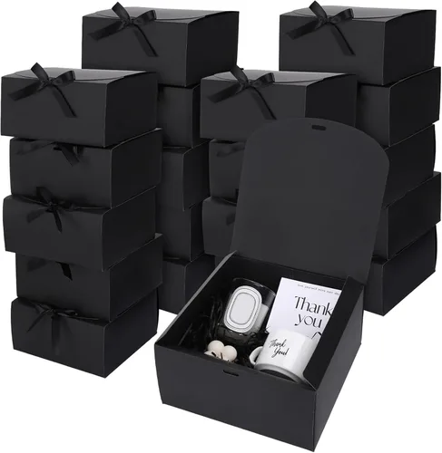 JarThenaAMCS 20 cajas de regalo negras con cintas de tapas, 8 x 8 x 4 pulgadas, caja de propuesta de dama de honor con 100 puntos de pegamento para