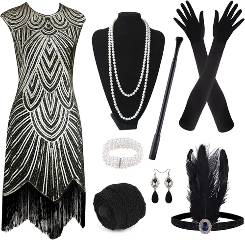 Vista 2 de PLULON 1920s Sequin Beaded Fringed Flapper Dress with 20s Accessories Set
