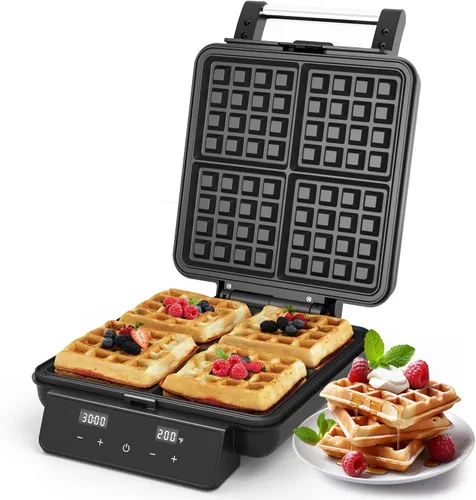 Vista 8 de Sunvivi Waffle Maker 4 rebanadas con calentamiento rápido, control de tiempo y temperatura, pantalla LCD, superficie antiadherente, acero