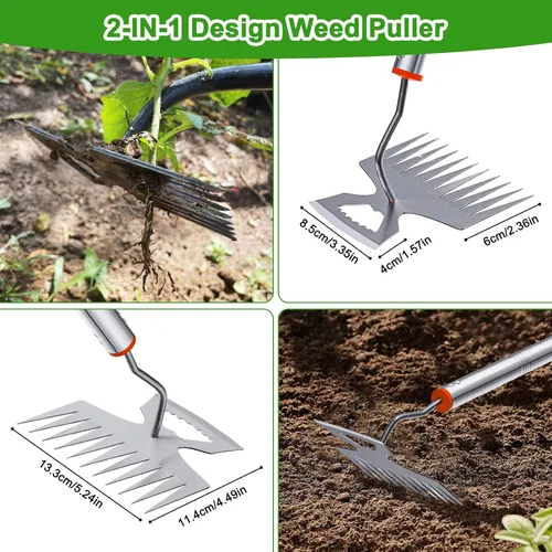 Vista 3 de Nueva herramienta de deshierbe ajustable para arrancar raíces con mango largo, rastrillo extractor de malezas de 11 dientes, 2 en 1, herramientas