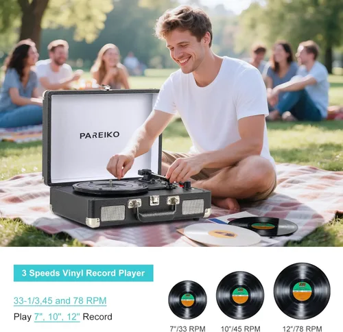 Vista 4 de Tocadiscos portátil con plato giratorio de 3 velocidades, conectividad Bluetooth, batería incorporada de 1800 mAh, diseño retro de maleta