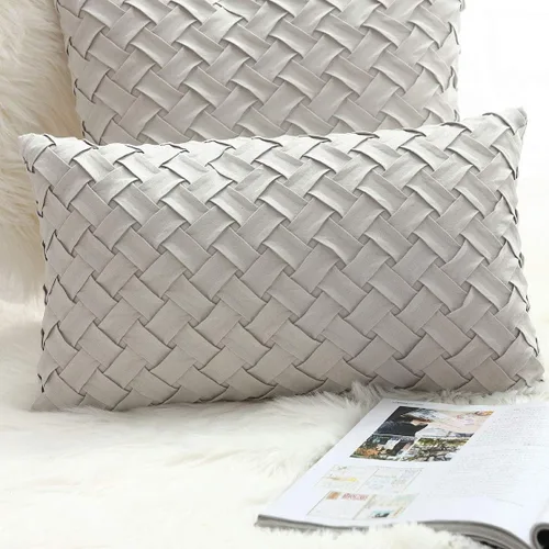 Vista 6 de vctops Funda de Almohada Decorativa con Patrón de Tejido de Canasta Boho, Gamuza Súper Suave Sólida, Funda de Cojín de Acento Lumbar para Sofá, Azul
