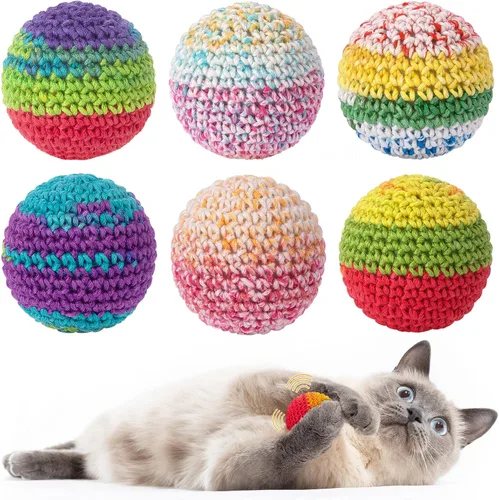 Vista 9 de Retro Shaw Pelotas de juguete para gatos, 6 piezas de hilo de lana con campana en el interior, juguetes interactivos para gatos