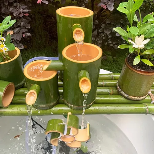 Vista 4 de Fuente de agua de bambú, fuente de jardín al aire libre, dirección de flujo de agua múltiple, sistema de circulación de agua, para estanque
