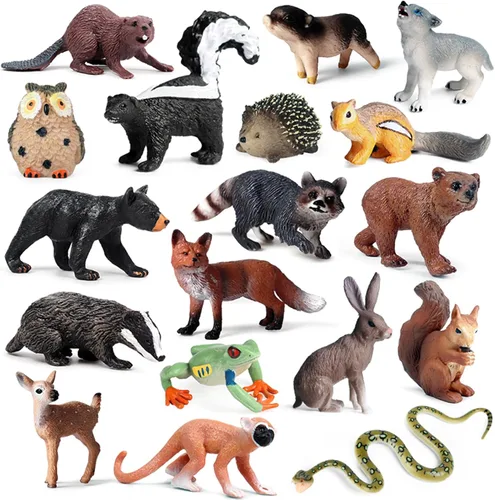 SCAHOW 18 figuras de animales del bosque, figuras de juguete de criatura de bosque de plástico para niños y niñas de 3-5, 6-12, pequeñas figuras de