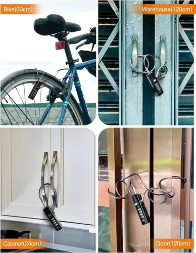 Vista 6 de Candado de Cable de Combinación de 4 Dígitos con 3 Cables de Acero (9"/24"/47") - Reinicio Seguro Solo con Código Actual - para Bicicleta, Equipaje