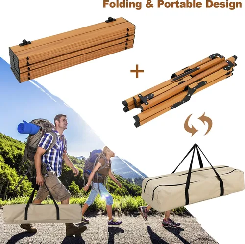 Vista 8 de COSTWAY Mesa de picnic plegable, mesa de campamento de aluminio enrollable con veta de madera, mesa de playa portátil de baja altura con bolsa