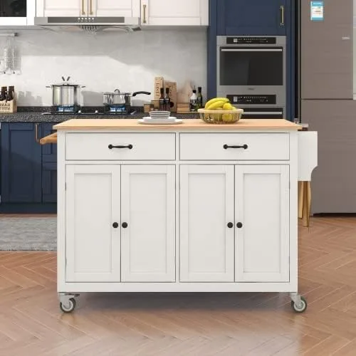 Vista 22 de Elefesign FridayParts FridayParts - Carrito de isla de cocina con parte superior de madera maciza y ruedas de bloqueo, 54.3 pulgadas de ancho