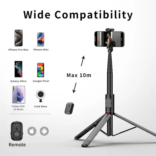 Vista 6 de Joyful - Trípode para teléfono de 72 pulgadas y palo para selfie, soporte extensible para teléfono celular con control remoto inalámbrico y soporte