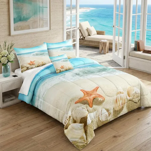 Vista 33 de Bedbay Juego de edredón con temática de playa, juego de edredón costero tamaño Queen, vida marina, turquesa, estrellas de mar, juego de edredón