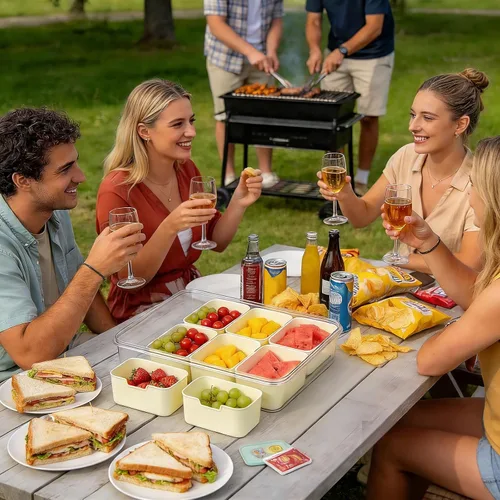 Vista 8 de Contenedor de caja de aperitivos, bandeja dividida para servir con tapa y asa para aperitivos, verduras, dulces, nueces, frutas, portátil