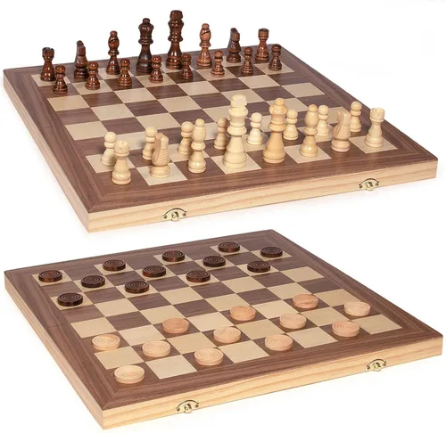 Vista 3 de AMEROUS Juego de ajedrez y damas de madera de 15", 2 juegos en 1 - 2 reinas extra - 24 piezas de damas - embalaje de regalo - ranuras