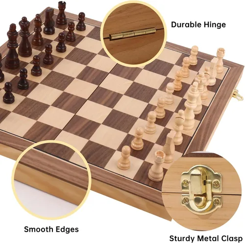 Vista 3 de Juego de ajedrez de madera prémium con bolsa de transporte protectora, tablero de ajedrez plegable de 15 pulgadas y piezas de ajedrez, juego