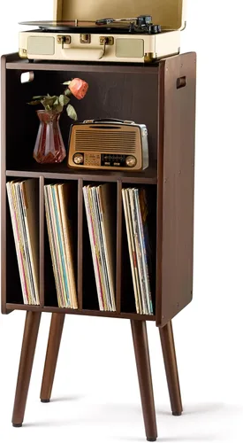 Vista 9 de Soporte de madera para tocadiscos LP, mueble soporte para tocadiscos de 3 niveles con capacidad para hasta 100 álbumes, soporte de almacenamiento
