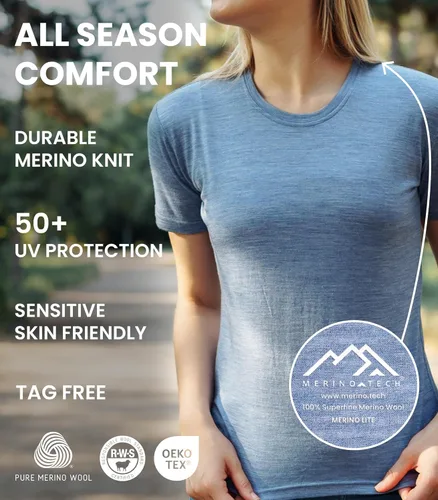 Vista 4 de Merino.tech Camisa de lana merino para mujer - 100% lana merino capa base mujer camiseta de manga corta