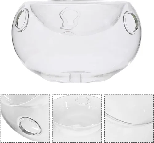 Vista 9 de Housoutil Ensaladera de vidrio de doble pared, hecho a mano, diseño artístico de hielo seco, cuenco hueco transparente, apto para microondas