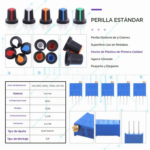 Vista 6 de Swpeet 75pcs B5K 10K 20K 50K 100K Ohm eje moleteado lineal rotatorio potenciómetro cónico con 5 tipos diferentes de perilla (WH148) Kit