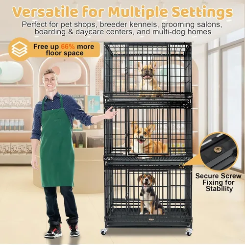 Vista 4 de Jaula apilable para perros de 36 pulgadas, resistente e indestructible, a prueba de escapes, plegable, con parte superior abierta, ruedas