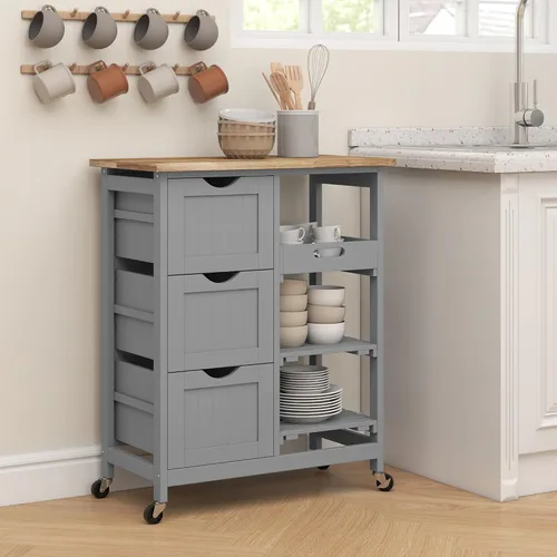 Vista 8 de HOMCOM Carrito de isla de cocina rodante, carrito de servicio de bar, carrito compacto con ruedas con parte superior de madera, estantes y cajones