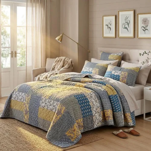 Vista 7 de DaDa Bedding Honey Cove - Colcha de retazos florales – Juego de colcha reversible acolchada de algodón con estampado de cachemira para jardín, casa