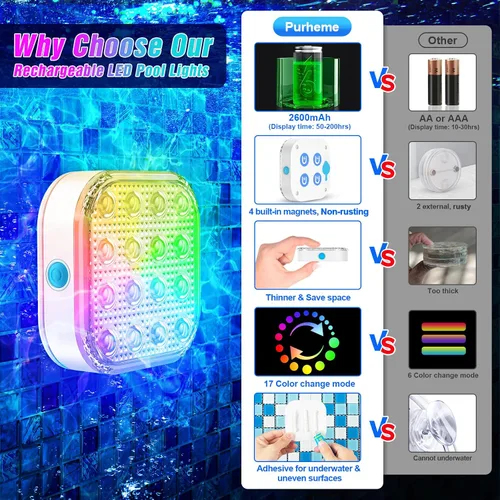 Vista 10 de Luces LED sumergibles con control remoto, luz LED subacuática impermeable, batería recargable, lámpara de 16 colores cambiantes, luces sumergibles