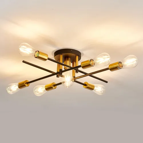 Vista 10 de UOFUS Lámpara de techo semiempotrada de 5 luces estilo casa de campo con lámpara E26 moderna lámpara de techo Sputnik negro mate y dorado