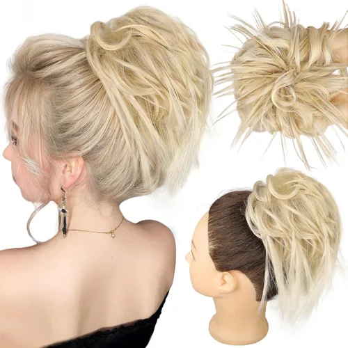 Vista 25 de HMD - Extensiones de cabello con chongo alborotado y coleta con banda elástica de goma, extensiones de cabello sintético para mujer, extensiones