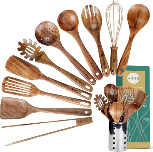 Juego de utensilios de cocina con soporte, utensilios de cocina de madera para cocinar, cucharas de madera de teca natural para cocinar, juego de