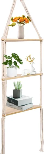 Vista 7 de ARMERI Estante colgante de macramé, decoración de pared bohemia de 3 niveles, cuerda de algodón hecha a mano, estantes flotantes de madera rústica