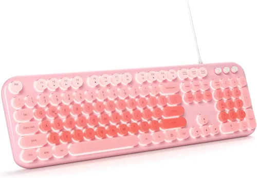 Vista 8 de Teclado de computadora con cable MOWUX, teclado retro redondo con cable USB de plug and play, teclado con cable de tamaño completo con soportes