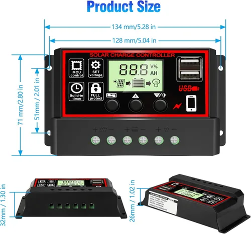 Vista 5 de Controlador de carga solar de 30A [Actualizado], regulador inteligente de batería de panel solar negro con puerto USB dual 12V/24V PWM, parámetro