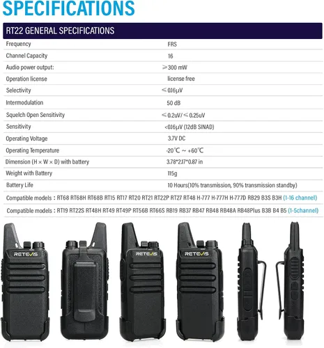 Vista 11 de Retevis RT22 Radio Bidireccional, Walkie Talkies Recargables de Largo Alcance (Paquete de 10) con Cargador de 10 Vías, Barra de Progreso de Carga