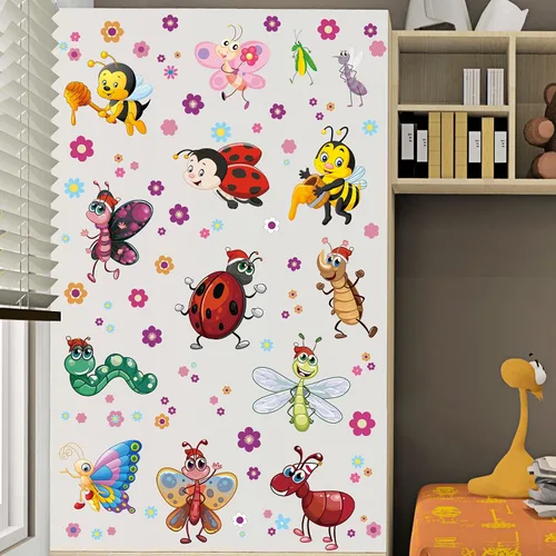 Vista 4 de Calcomanía de pared de insectos de dibujos animados, extraíble, flor de abeja, mariposa, hormiga, serpiente, mariquita, libélula, mantis rezando
