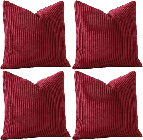 Vista 5 de OTOSTAR Juego de 4 fundas de almohada decorativas de pana suave a rayas color burdeos de 18 x 18 pulgadas, fundas de almohada cuadradas para sofá