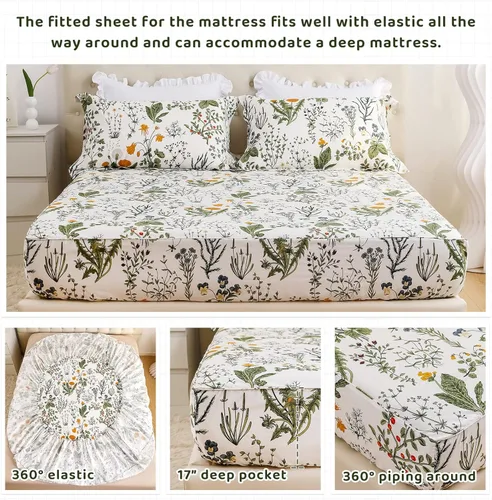 Vista 3 de QSH Sábanas 100% algodón para cama tamaño Queen, patrón de plantas de flores amarillas botánicas de algodón de lujo con estampado floral