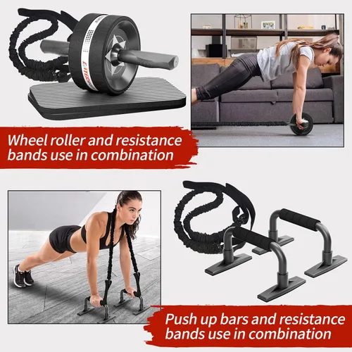 Vista 5 de EnterSports Kit de ruedas para abdominales, rueda de ejercicio para entrenamiento de fuerza abdominal con barras para flexiones, bandas