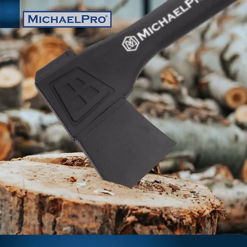 Vista 7 de MichaelPro MP004009 - Hacha de campamento de 9 pulgadas con mango de fibra de vidrio resistente al clima y absorbente de impactos, con funda
