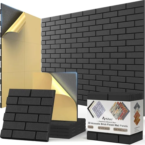 Vista 29 de Paquete de 12 paneles acústicos, paneles autoadhesivos con patrón de ladrillo 3D a prueba de sonido para paredes, paneles decorativos de pared