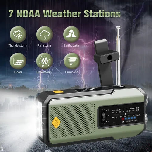 Vista 7 de Radio solar de emergencia NOAA meteorológica Dynamo manivela auto alimentado Dynamo AM FM WB Radio 3 LED linterna 2000mAh cargador de teléfono