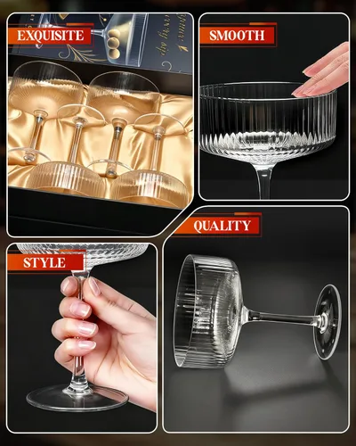 Vista 8 de Evoio Juego de Copas Martini Coupe de 4 Elegantes Copas de Cóctel Vintage Acanaladas de 10 oz, Vidrio de Cristal Premium para Champán, Espresso