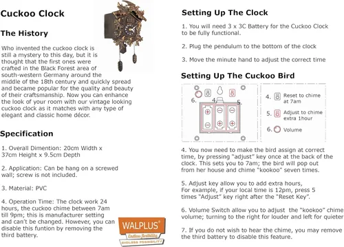 Vista 9 de WALPLUS Reloj de pared de cuco clásico con chime negro, reloj de pájaro colgante, decoración del hogar, reloj de Navidad, regalos