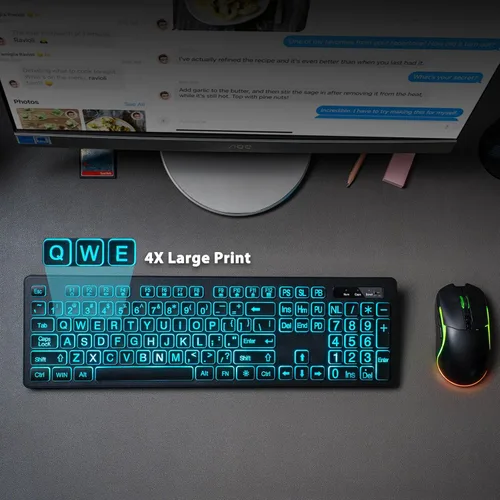 Vista 2 de Combo de teclado y mouse inalámbricos de impresión grande retroiluminada, teclados de tamaño completo de 2.4 G con teclas grandes iluminadas, teclas