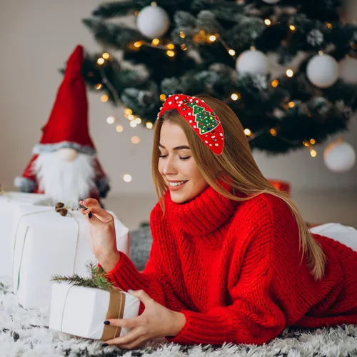 Vista 2 de NVENF Diadema con nudo superior ancho y perlas de cristal para mujer, accesorios para el cabello, regalos (árbol de Navidad grande 1)