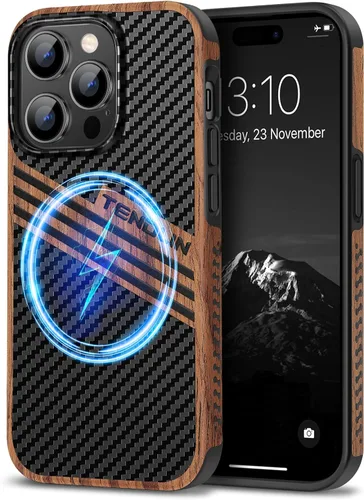 Vista 9 de TENDLIN Compatible con Funda para iPhone 14 de Grano de Madera con Diseño de Textura de Fibra de Carbono, Funda Híbrida de Cuero delgada Negra
